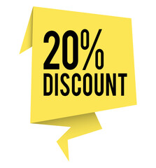 Bright Yellow Origami-Style 20% Discount Banner; Bold Black Text;  Modern, Clean Design;  Perfect for Sales, Promotions, and Marketing Materials;  High-Resolution Image;  Commercial Use.
