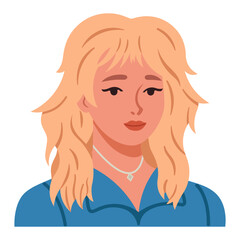 Woman portrait with shag haircut and curtain bangs. Trendy layered hairstyle with messy textured hair. Flat style avatar vector illustration.
