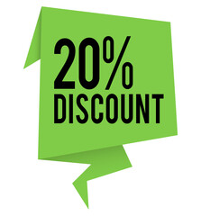 Bright Green Origami-Style 20% Discount Banner; Bold Black Text on a Fresh, Clean, and Modern Design; Ideal for Sales, Promotions, and Marketing Materials.