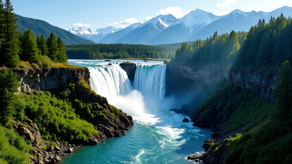 Stunning aerial view of the twin King George Falls in Kimberley, Australia.  Focus on the cascading water, lush surrounding landscape, and vibrant colours of the region.  High resolution, photorealist