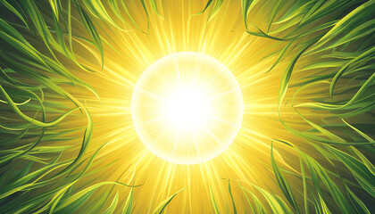 Obraz premium Radiant Sun Orb Surrounded by Lush Green Grass Illustration