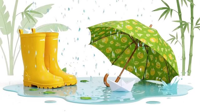 Illustration of Rain Boots, Umbrella, and Raindrops in a Puddle Outdoors
