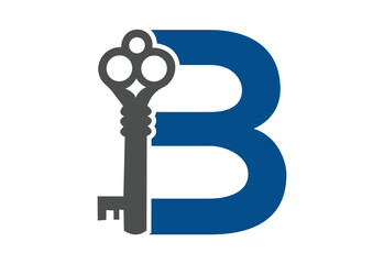 Old key house icon logo. Old key silhouette antique lock illustration on white background with latter B