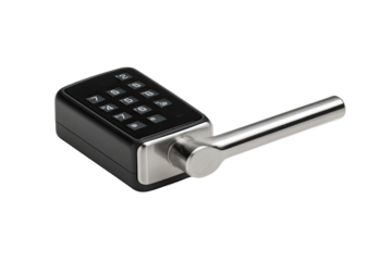 Modern, integrated keypad door handle.  A sleek, brushed metal door handle with a black keypad
