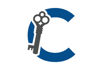Old key house icon logo. Old key silhouette antique lock illustration on white background with latter C