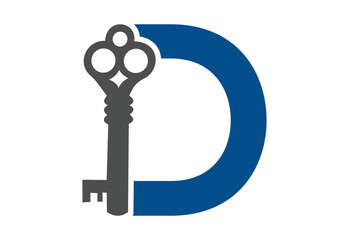 Old key house icon logo. Old key silhouette antique lock illustration on white background with latter D