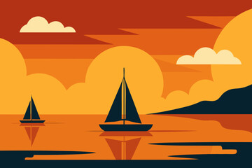 Two sailboats glide across the water during a vibrant orange sunset with stylized clouds