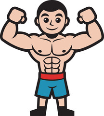 Cute cartoon-style boxer with gloves and abs flexing both arms. Bright and playful character design for sports or kids&rsquo; content.
