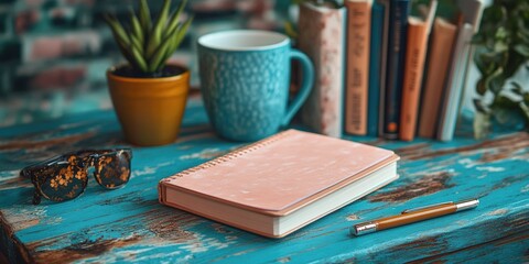 Creative workspace with notebook plants coffee and books – inspiring home office environment