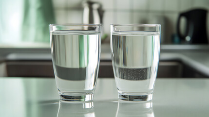 Two glasses of water are placed side-by-side on a kitchen counter. The water appears clean and refreshing. Hydration is essential for maintaining good health.