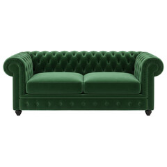 Fototapeta premium Luxurious deep emerald green velvet chesterfield sofa with button tufting and rolled arms isolated on transparent background