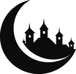Crescent moon with mosque silhouette isolated on white background