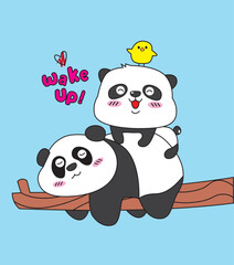 cute panda sleeping on a tree trunk, flat cartoon.