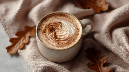 Cozy autumn drink: Latte art in a mug surrounded by falling leaves, creating a warm, inviting scene.