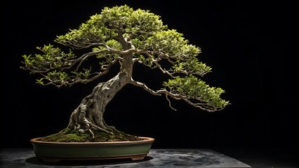 Elegant Shaped Tree: A Miniature Bonsai Tree in Pot with Green Foliage on Black Background, Representing Zen.