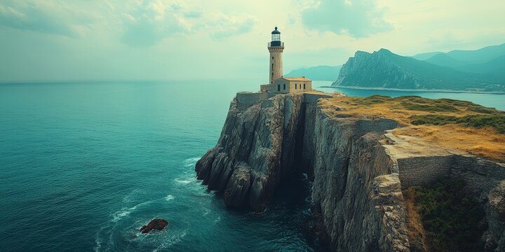 Dramatic lighthouse at coastal cliffs scenic ocean view nature serene atmosphere