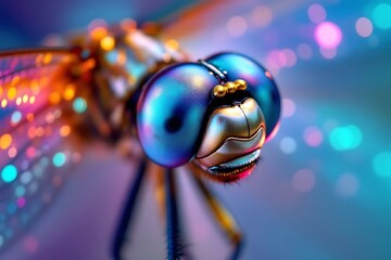 Extreme close up of a metallic blue dragonfly with colorful bokeh lights insect macro