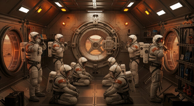 A group of astronauts inside a spaceship looking out at a martian landscape through a large circular door