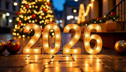 New Year's background with the number of the upcoming 2026. Large numbers of lights stand on the cobblestones on the street, in the background is a city street decorated for Christmas, pedestrians.