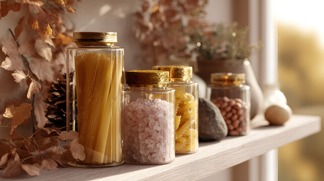 Stylish Pantry: Glass jars holding pasta, salt, and peanuts on a wooden shelf in warm sunlight. - Powered by Adobe
