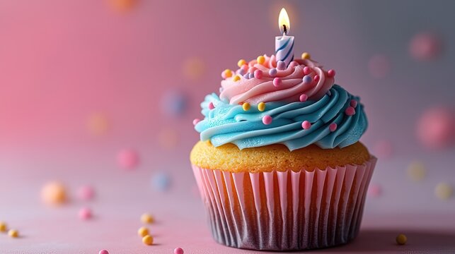 Single Cupcake with Swirled Pink and Blue Icing, Sprinkles, and Lit Candle on Soft - Focus Background 