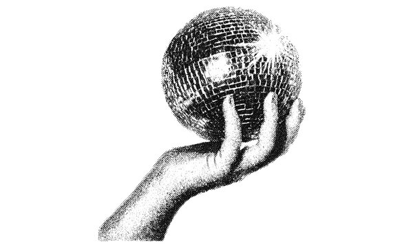Vintage New Year's Eve party hand holding disco ball with stippled photocopy texture. Retro collage graphic element for 90s nightclub, festive celebration, vector illustration, nightlife vibes, disco