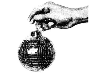 Retro New Year’s Eve party graphic with hand holding disco ball in vintage photocopy stipple texture. Punk collage, monochrome halftone, 90s nightlife, urban grunge poster style