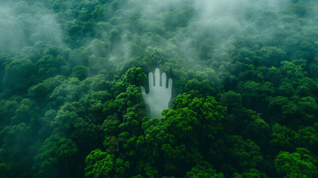White hand symbol in dense green forest. Mysterious environmental message highlighting human impact and nature’s fragile balance. Ideal for awareness visuals. - Powered by Adobe