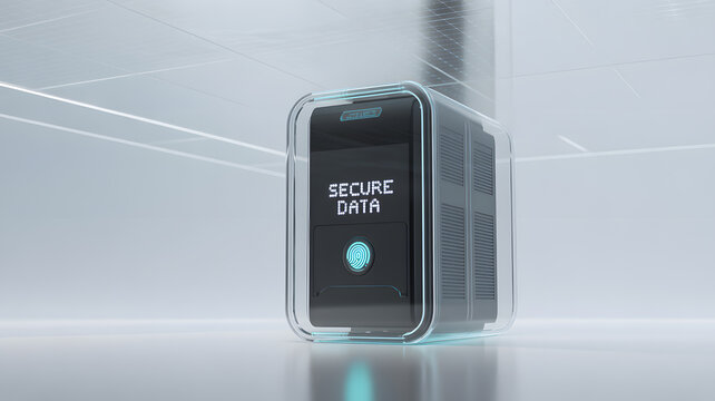 Digital Data Fortress: A futuristic representation of data security, featuring a secure server encapsulated within a transparent, protective casing, visually safeguarding digital information.