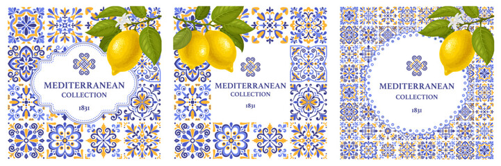 Square banner or label templates set with Mediterranean mosaic tile pattern, blue, yellow, white colors, lemons on branch.  Vector illustration