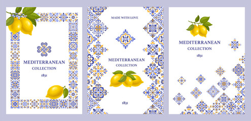 Poster, banner or label template set with Mediterranean mosaic tile pattern, blue and yellow colors, citrus fruit, lemons on branch. Vector illustration