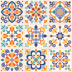 Tile pattern with floral motifs, pastel colors. Mediterranean vintage ceramic. Arabesque ethnic folk ornament. Vector illustration