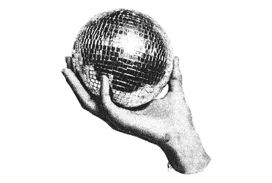 Retro vintage disco ball held by hand with textured photocopy effect. New Year's Eve party collage graphic element, 90s punk nightlife, festive celebration vector, monochrome halftone art