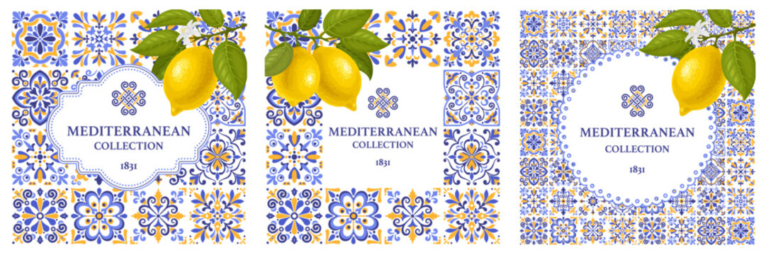 Square banner or label templates set with Mediterranean mosaic tile pattern, blue, yellow, white colors, lemons on branch.  Vector illustration