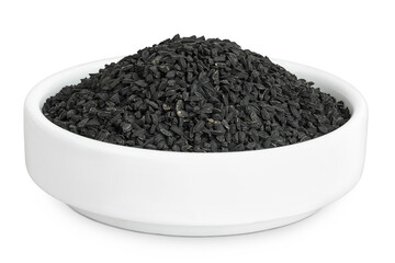 Nigella sativa or Black cumin in ceramic bowl isolated on white background