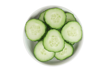 Sliced cucumber in ceramic bowl isolated on white background with full depth of field. Top view. Flat lay.