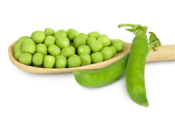 Fresh green peas in wooden spoon isolated on white background