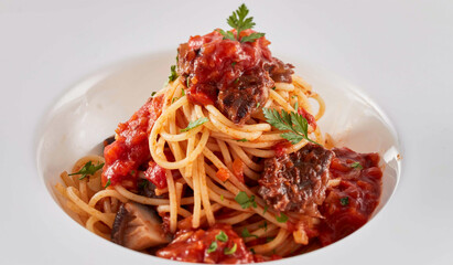 Angus Beef Spaghetti with Rich Tomato Sauce and Fresh Parsley on a White Plate closeup side view of Italian cuisine