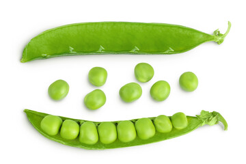 Fresh green pea pod with beans isolated on white background. Top view. Flat lay