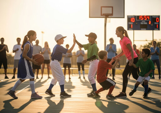 Diverse group of young athletes high-fiving and engaging in sports activities on an outdoor court at sunset, with adults observing.