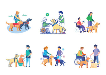 Fototapeta premium Illustrations depicting diverse individuals partnering with assistance and therapy dogs in various settings