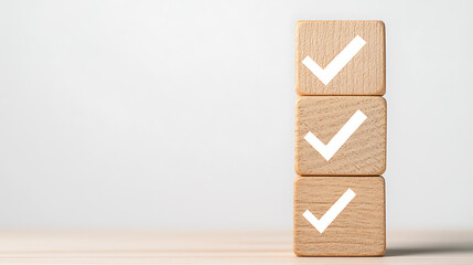 Completed tasks with wooden blocks: A stack of wooden blocks with checkmarks, symbolizing achievements and completion of tasks.