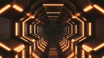 Illuminated Corridor: A futuristic corridor bathed in warm orange light. The symmetrical design creates a sense of depth and perspective, inviting viewers into the depths of this sleek interior.