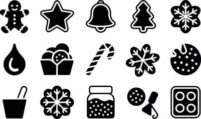 Festive Christmas Cookie Icons: Glyph Style, Black and White, Holiday Mood