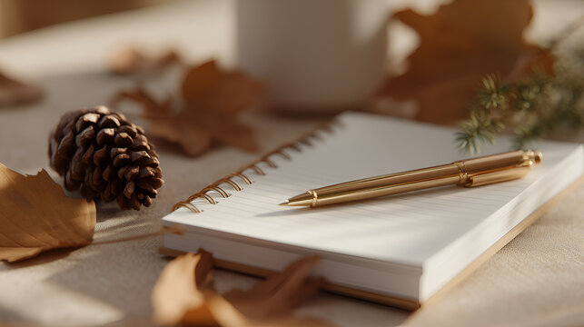 A golden pen lays on a notebook with nature accents: pinecone, sprig and autumn leaves create a tranquil scene.
