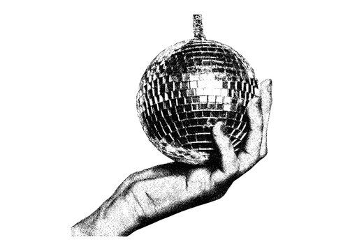 Hand gripping disco ball with vintage stippled photocopy effect. Retro collage for New Year’s Eve party, punk grunge style, monochrome halftone texture, urban nightclub vibes, 90s cocktail party