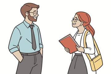 Vector art of two business colleagues are having a friendly discussion about a project in the office environment at work