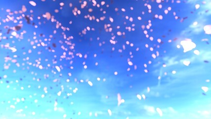 A dreamy scene of flower petals drifting through the air against a blurred sky backdrop. Ideal for romantic themes, seasonal concepts, wedding invitations, nature presentations.