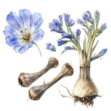A hand-drawn illustration painting of chicory root set in soft watercolor style, plant collection, isolated on a white background, artistic, painted design, EPS format, set