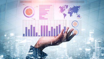 A futuristic hand displays a holographic business analytics dashboard over a cityscape at night, featuring graphs, charts, and world map visualizations. Impute